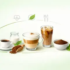 Różne rodzaje kawy, od espresso po latte, z ikonami zdrowia i natury. Dowiedz się, jaka kawa jest najzdrowsza.