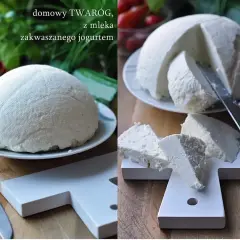 Domowy twaróg z mleka zakwaszanego jogurtem. Pokrojony ser na desce, gotowy do podania. Prosty przepis, jak zrobić twaróg.
