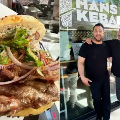Pyszny kebab z wołowiną, warzywami i sosem, który może być najdroższym kebabem w Polsce. Dwóch mężczyzn pozuje przed lokalem "Hans Kebab".