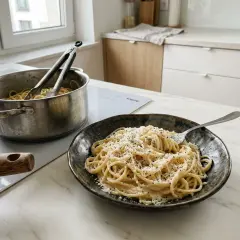 Pyszny makaron cacio e pepe, gotowy do podania, z garnka na blacie kuchennym.