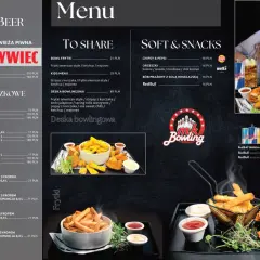 Menu z piwem Żywiec i przekąskami. Deska bowlingowa z frytkami, kurczakiem i sosami.