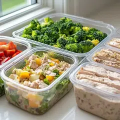 Gotowe posiłki w pojemnikach: kurczak, brokuły, pomidory i sałatka. Idealne meal prep przepisy na szybki obiad.