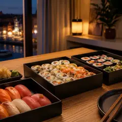 Eleganckie pudełka z najlepszym sushi w Gdańsku, serwowane przy blasku świecy, z widokiem na nocne miasto.