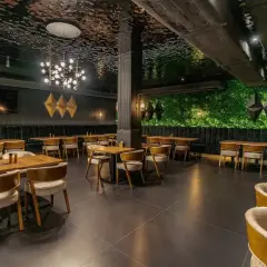 Elegancka restauracja z zieloną ścianą i nowoczesnym sufitem. Idealne miejsce na wykwintne białowieża jedzenie.