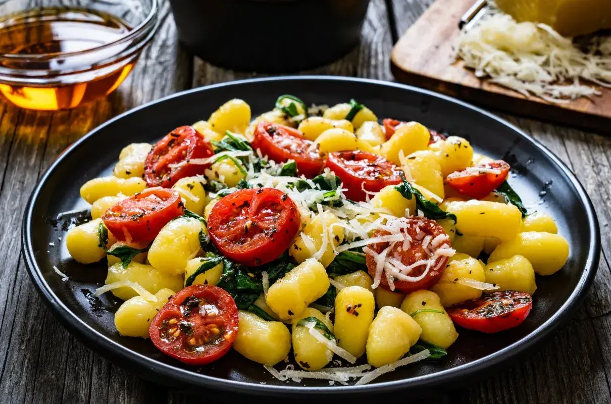 Pyszne gnocchi szpinakowe z pomidorkami koktajlowymi i parmezanem na drewnianym stole.