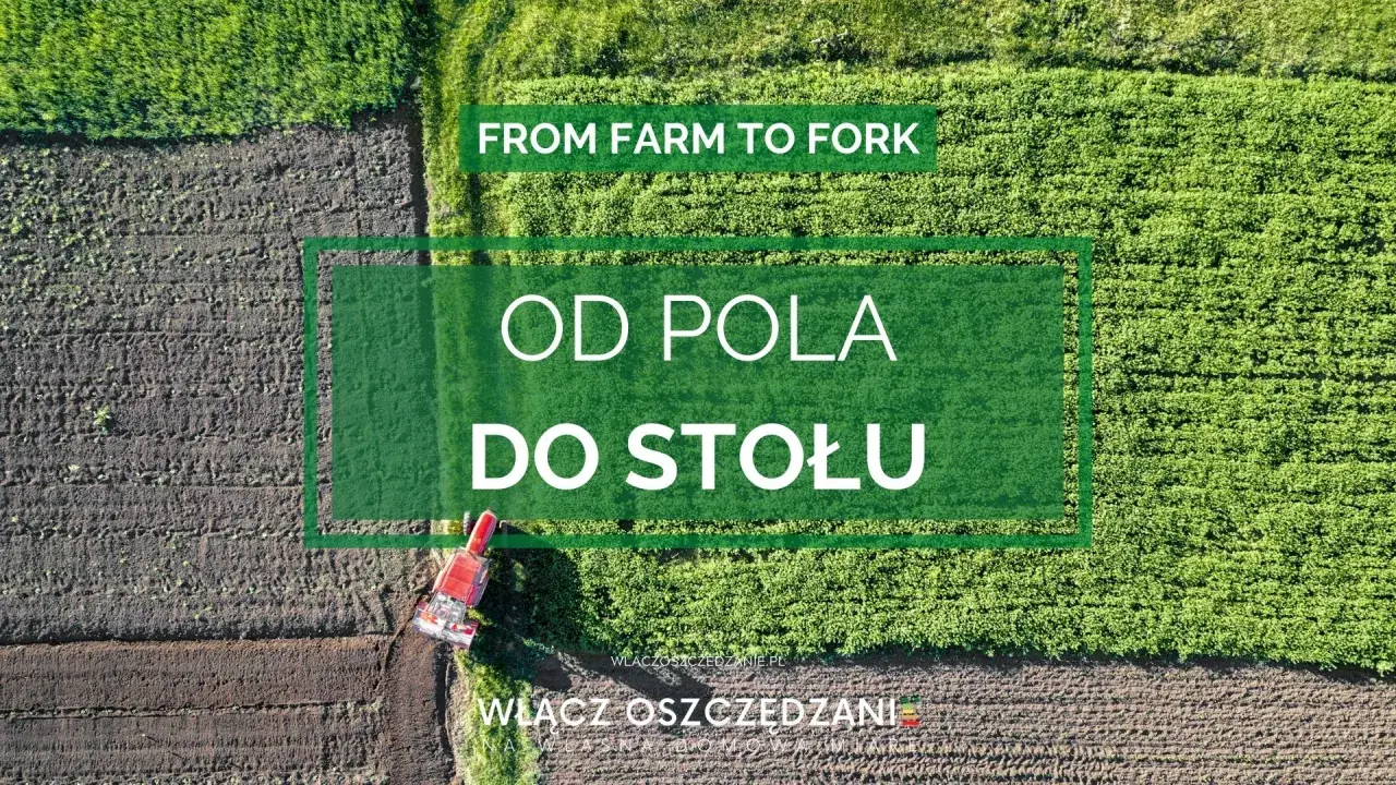 Widok z lotu ptaka na pole uprawne, gdzie czerwony traktor pracuje. Napis "OD POLA DO STOŁU" podkreśla drogę od farm to table.
