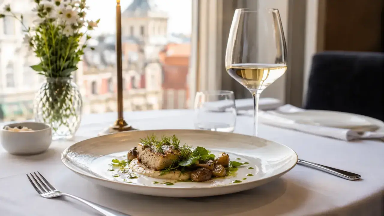Eleganckie danie rybne z ziołami i ziemniakami na talerzu, kieliszek białego wina, świeże kwiaty. Uczta godna restauracji z gwiazdką Michelin Polska.