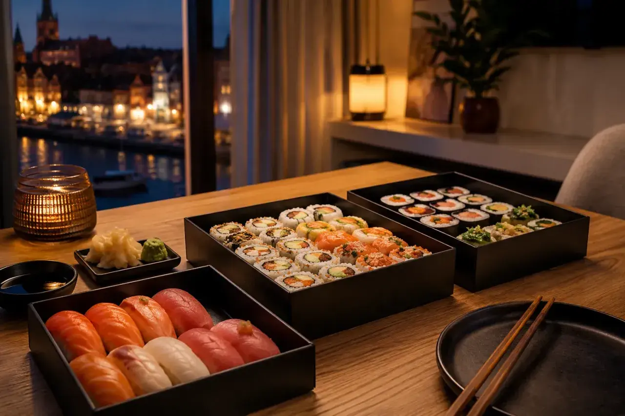 Eleganckie pudełka z najlepszym sushi w Gdańsku, serwowane przy blasku świecy, z widokiem na nocne miasto.