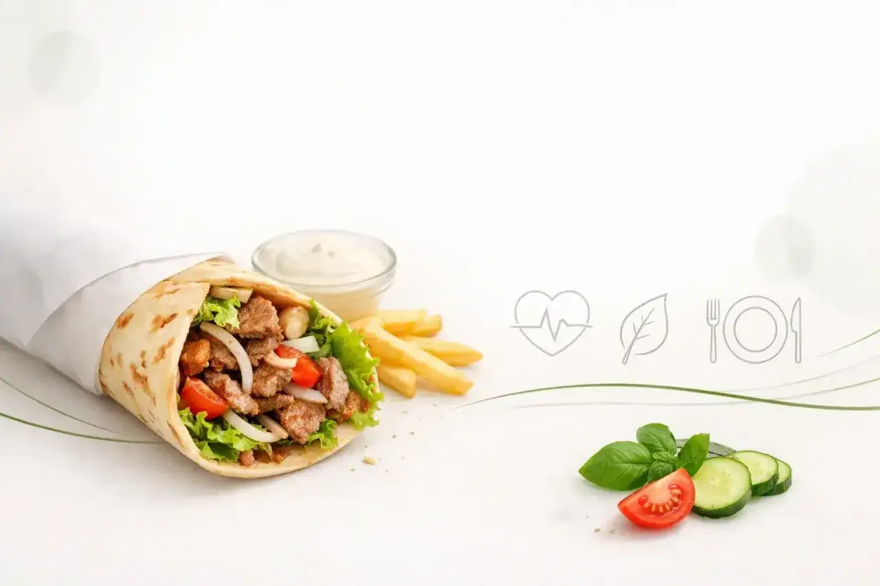 Czy kebab jest zdrowy? Na zdjęciu soczysty kebab z warzywami, frytki i sos. Obok symbole zdrowia i świeżych składników.