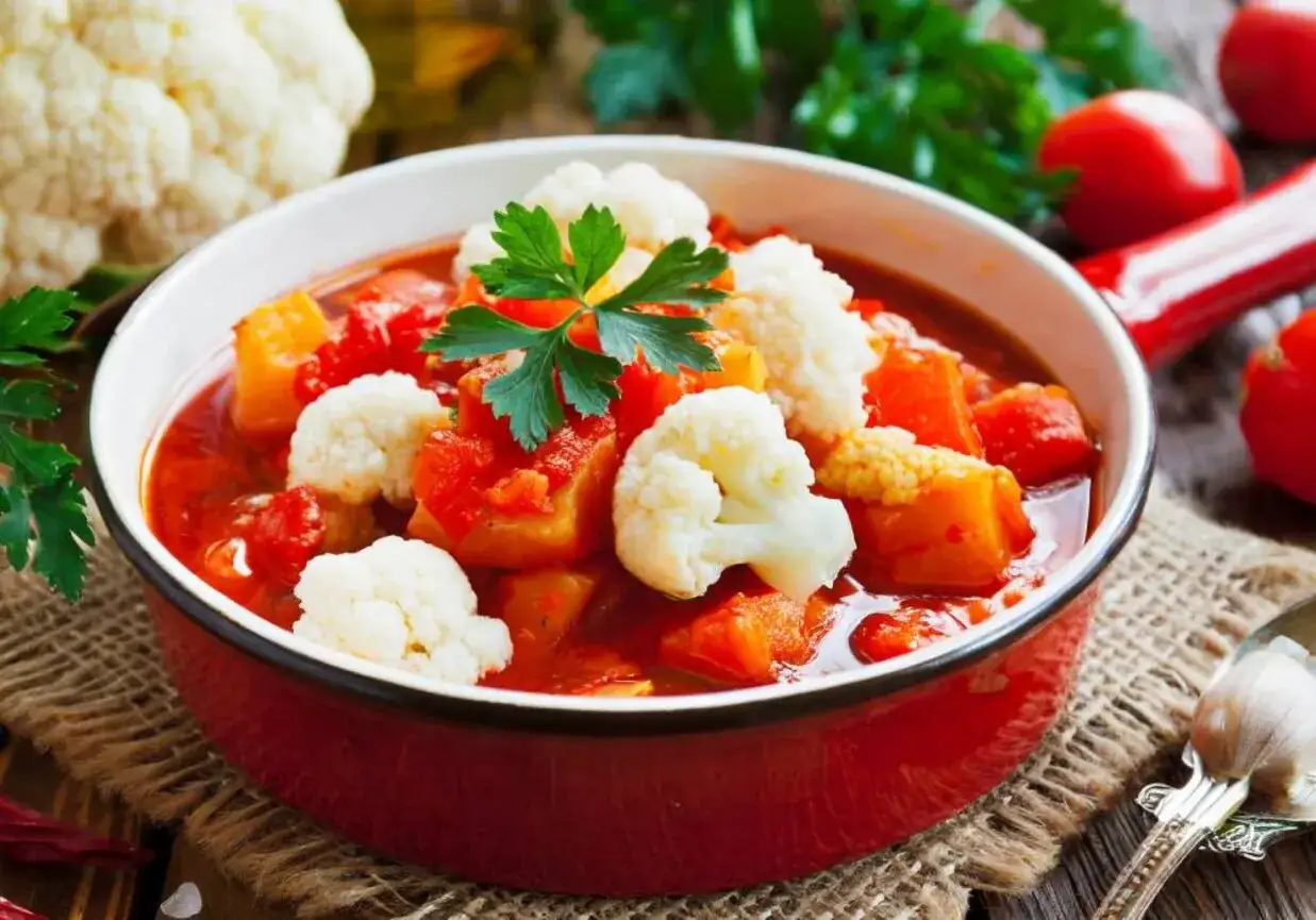 Pyszne leczo z kalafiorem w czerwonej misce, ozdobione natką pietruszki. Obok pomidory i czosnek.
