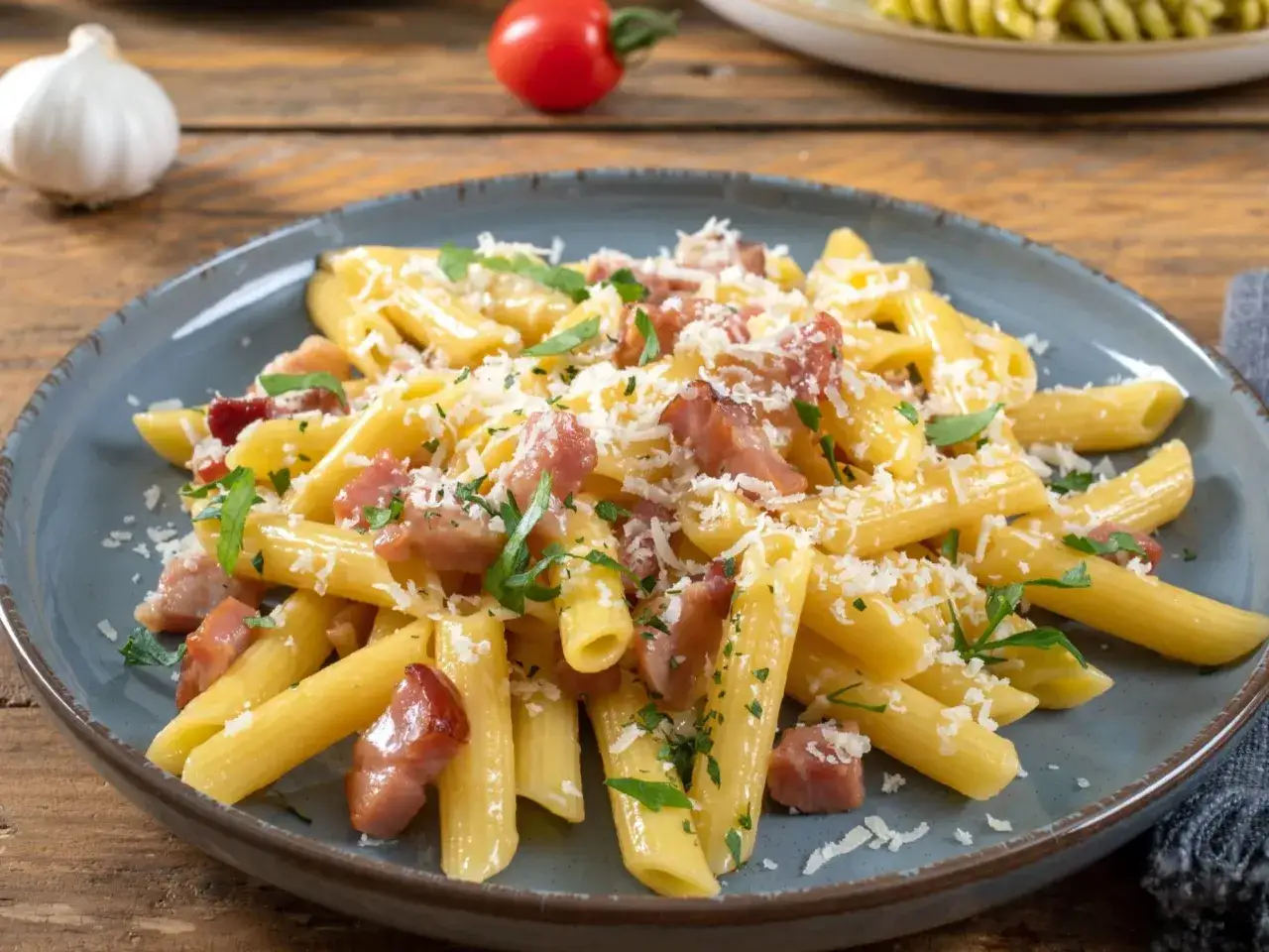 Penne rigate z kremowym sosem serowym i chrupiącym boczkiem, posypane parmezanem i natką pietruszki. Pyszny makaron z sosem serowym i boczkiem.