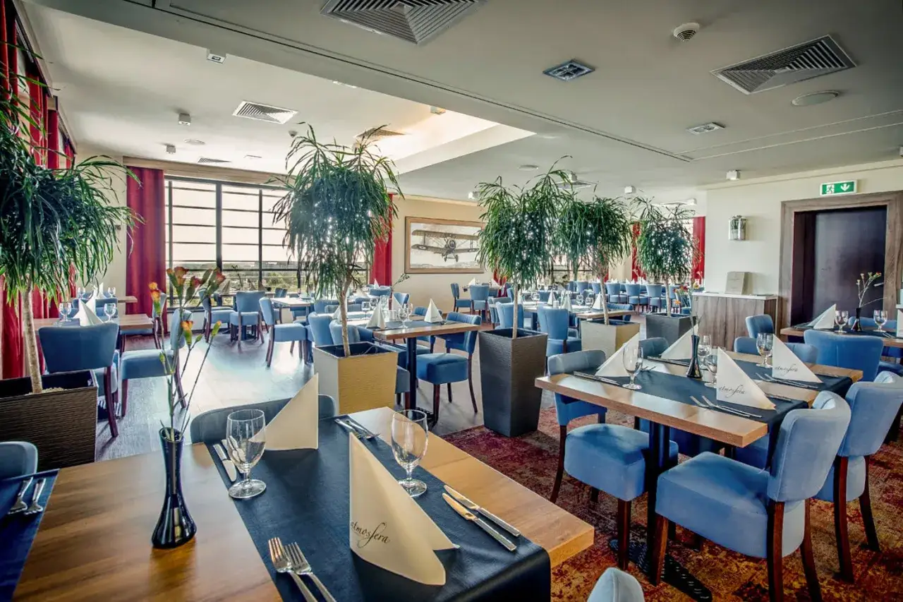 Eleganckie, klimatyczne restauracje Katowice z niebieskimi krzesłami, stołami nakrytymi na kolację i palmami.